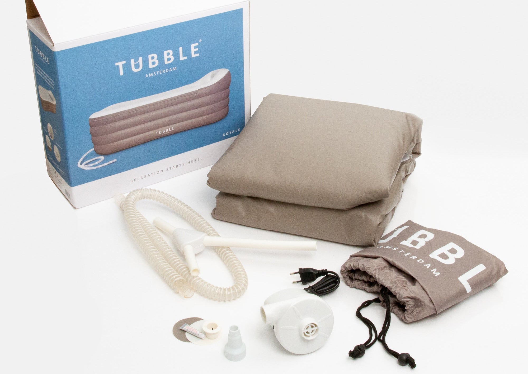Tubble inflatable product with packaging, pillow, and pump on a white background