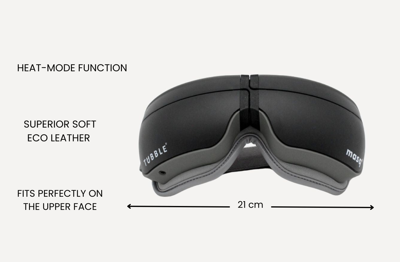 Tubble onyx black eye massager, 21 cm wide, featuring heat mode and superior soft eco-leather.