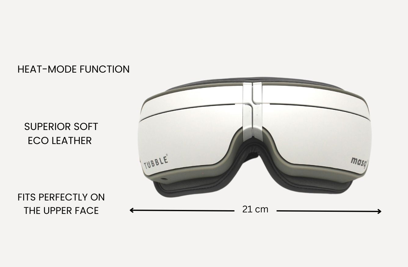 Tubble white eye massager, 21 cm wide, featuring heat mode and eco-leather padding for a perfect upper-face fit