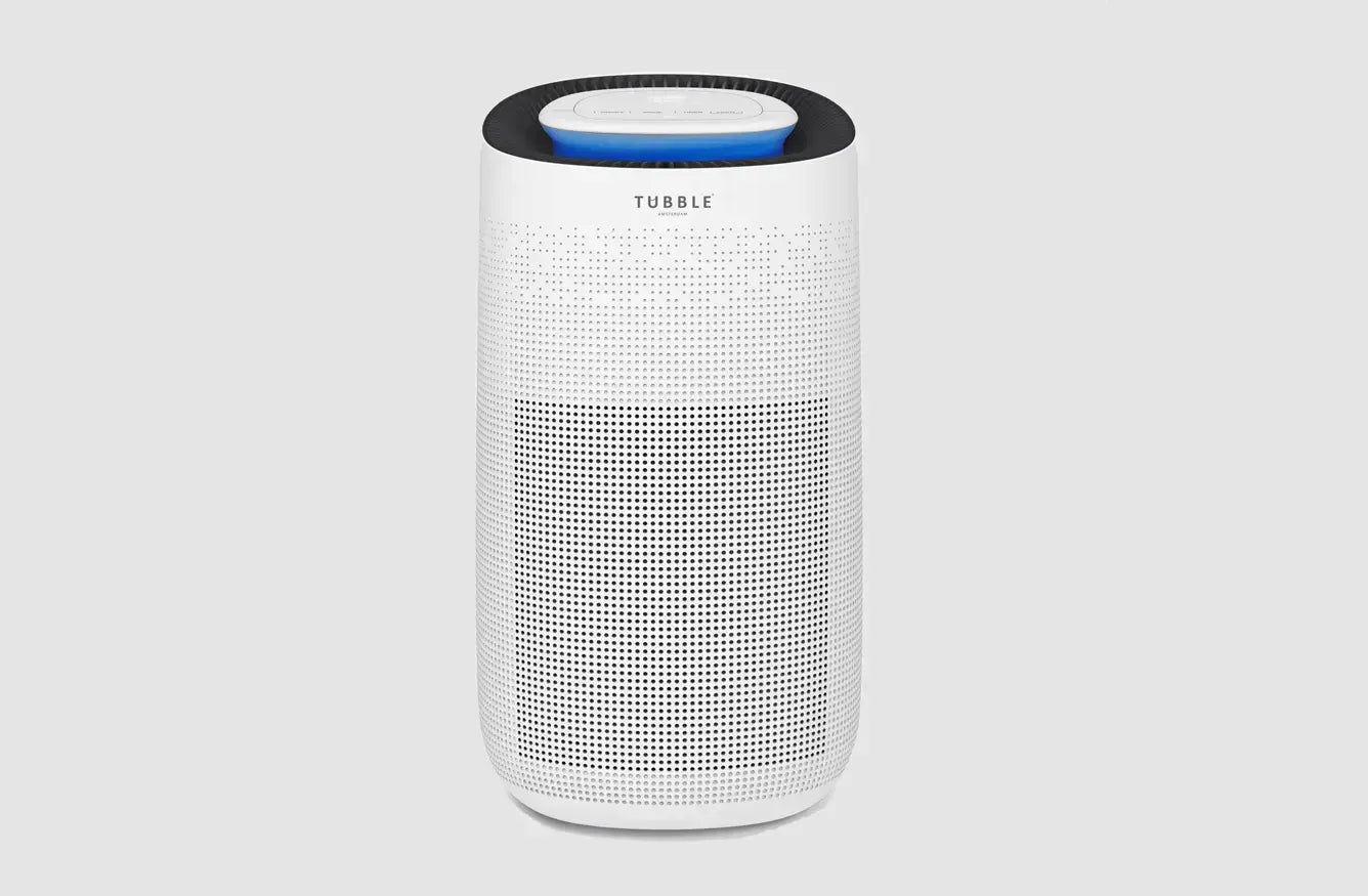 A white air purifier with a True HEPA H13 filter, featuring a blue accent on the top control panel.
