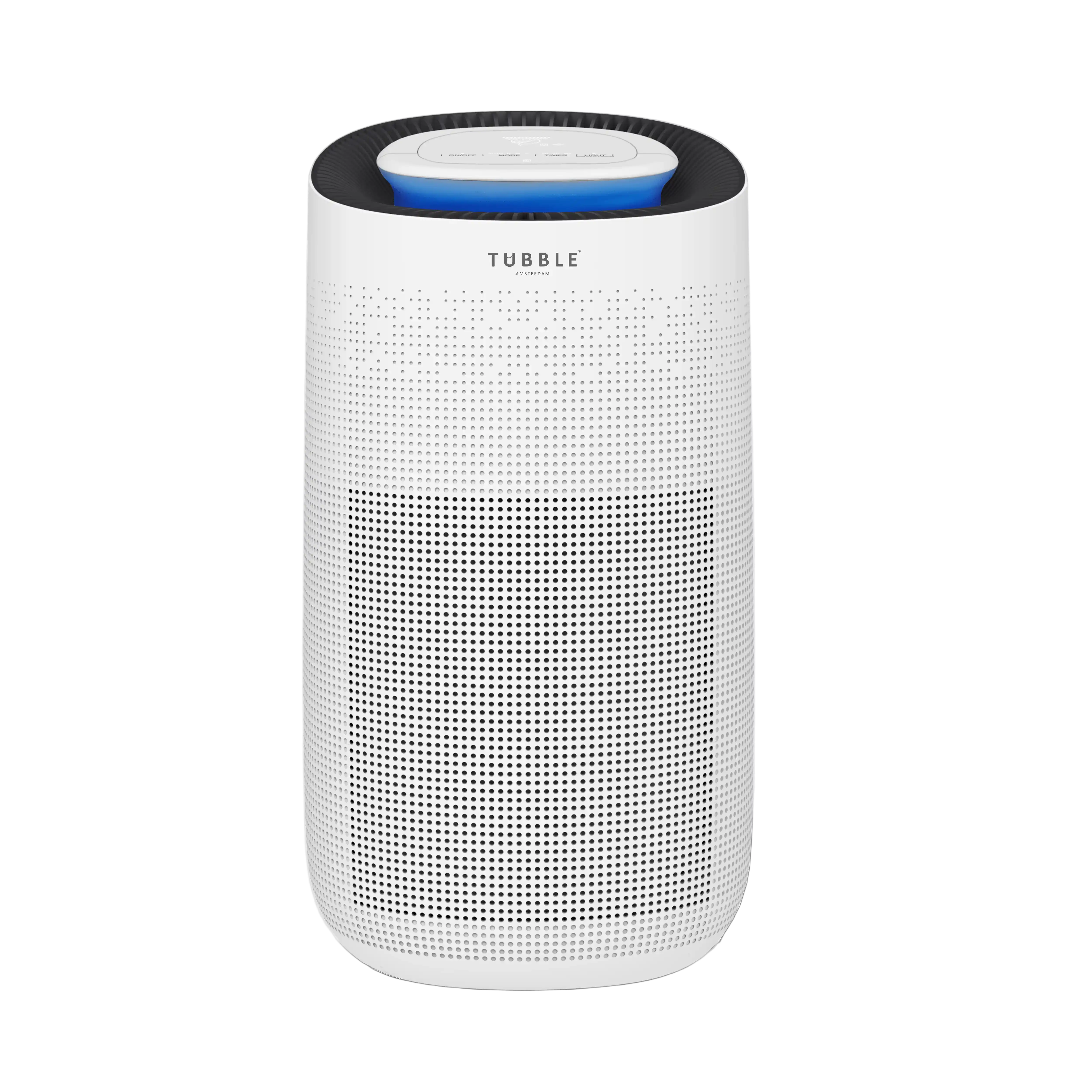 White air purifier with black top on a white background