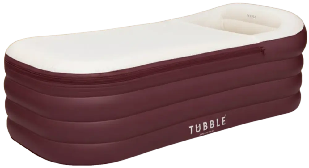 Inflatable mattress with white top and burgundy sides on a white background, featuring the brand 'Tubble'.
