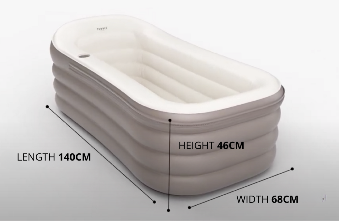 Inflatable bathtub with dimensions marked on a plain background