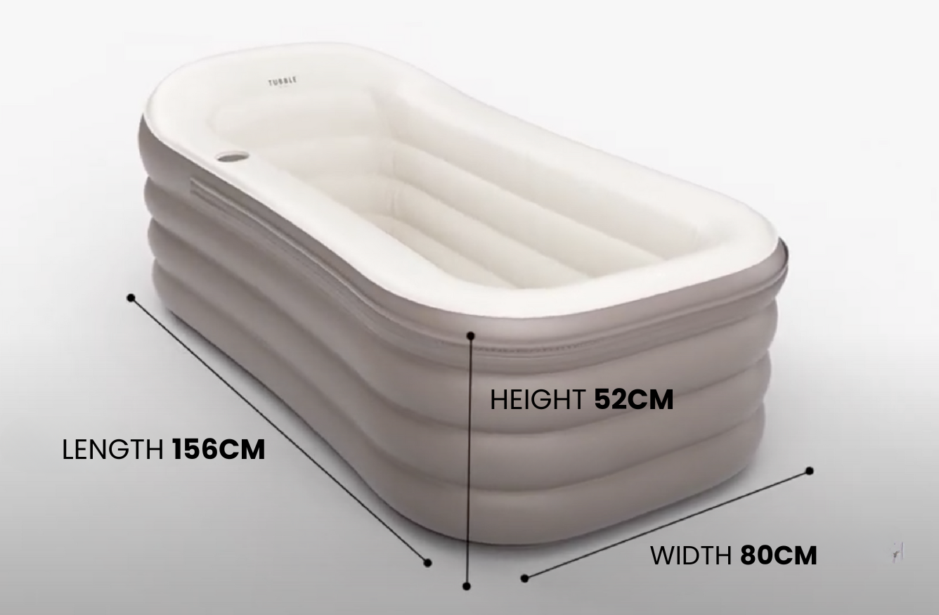 Tubble inflatable bathtub with dimensions shown: 156 cm length, 52 cm height, and 80 cm width.