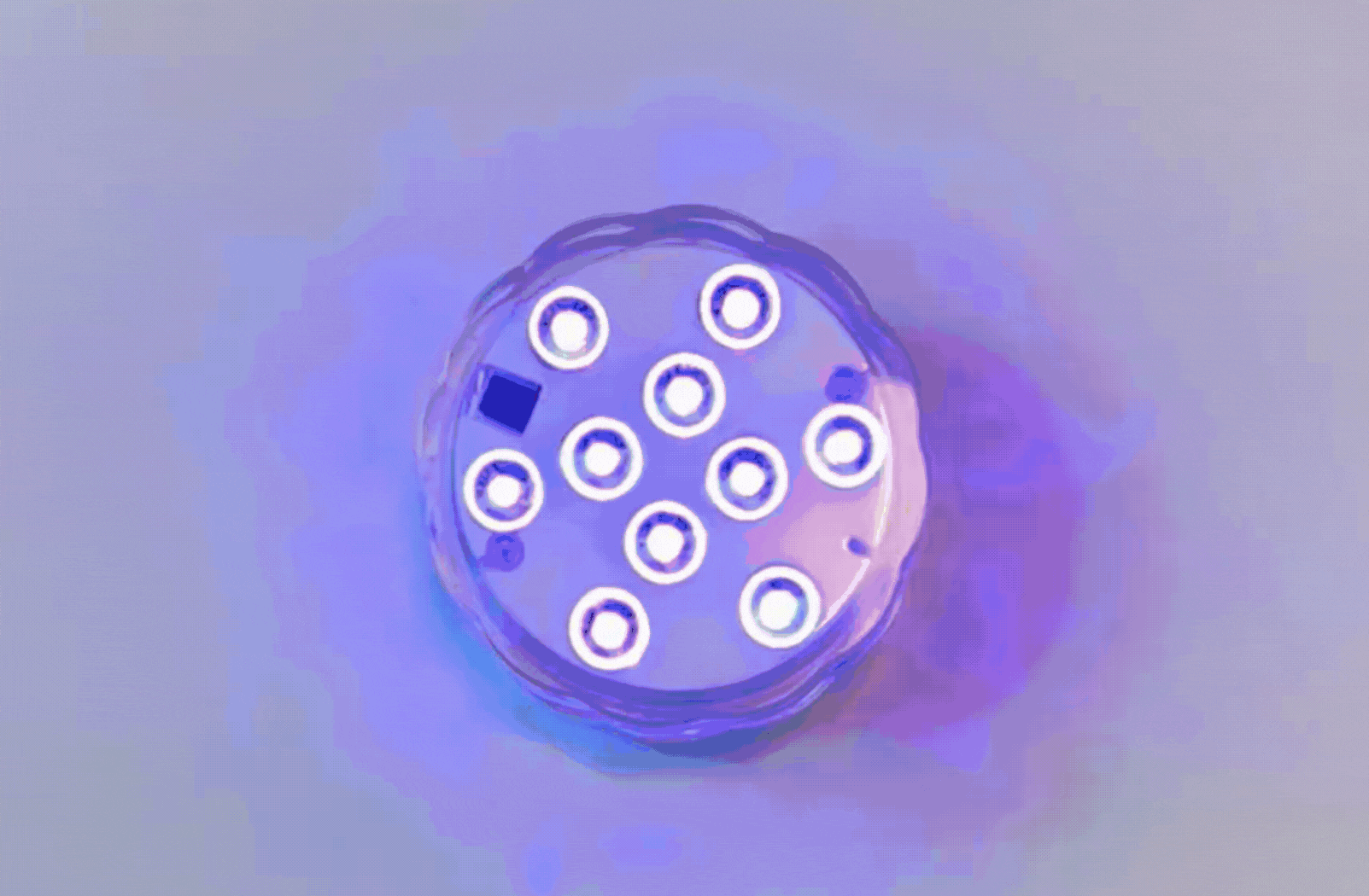 Glowing underwater LED light used inside Tubble inflatable bathtub.”