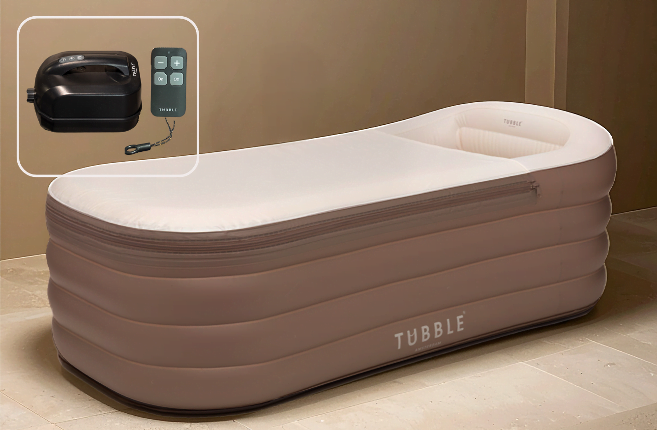 Inflatable bathtub with remote control on a beige background