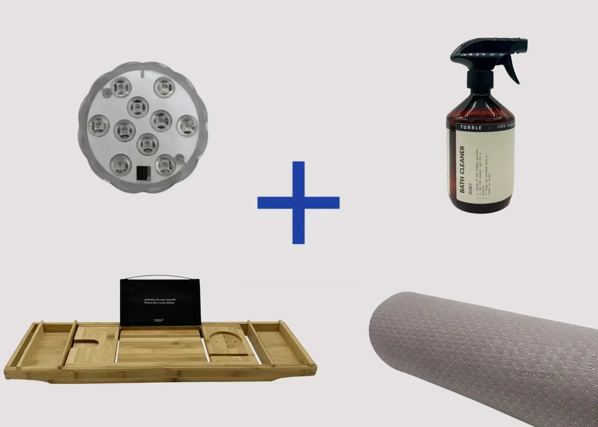 Collection of cleaning products including a light bulb, spray bottle, tray, and rug on a white background.